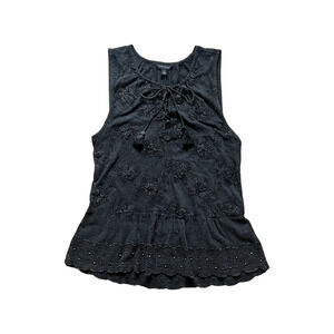 Lucky Brand Beaded Tank Top Black Tassle Tie Fairy Goth Indie Sleaze Whimsigoth